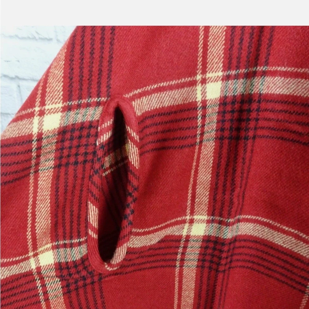 Madewell Red Plaid Scarf Cape Poncho with‎ Armholes Fringe Trim Oversized Wrap